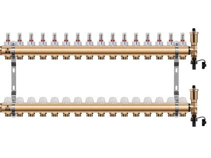 Podlahový rozdělovač WIGELL, 16 okruhů, mosazný + odvzdušňování na klíč