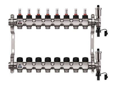 Podlahový rozdělovač WIGELL, 8 okruhů, nerez + odvzdušňování na klíč