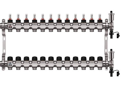 Podlahový rozdělovač WIGELL, 12 okruhů, nerez + odvzdušňování na klíč