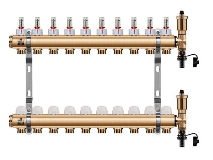 Podlahový rozdělovač WIGELL, 10 okruhů, mosazný + automatické odvzdušňování