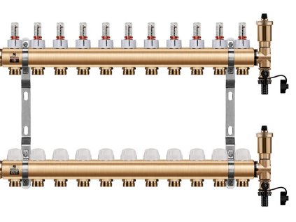 Podlahový rozdělovač WIGELL, 11 okruhů, mosazný + automatické odvzdušňování