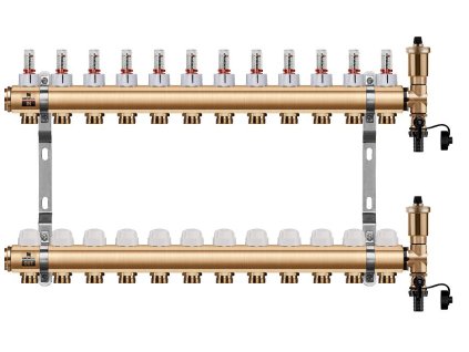 Podlahový rozdělovač WIGELL, 12 okruhů, mosazný + automatické odvzdušňování