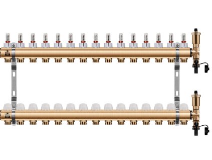 Podlahový rozdělovač WIGELL, 15 okruhů, mosazný + automatické odvzdušňování