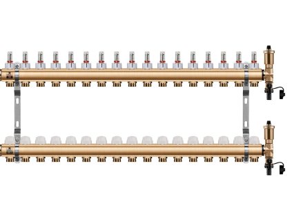Podlahový rozdělovač WIGELL, 17 okruhů, mosazný + automatické odvzdušňování
