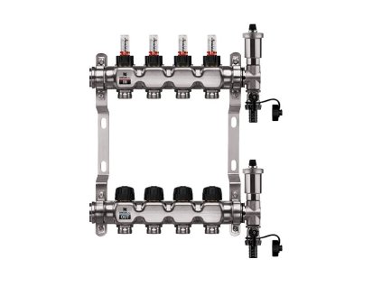Podlahový rozdělovač WIGELL, 4 okruhy, nerez + automatické odvzdušňování