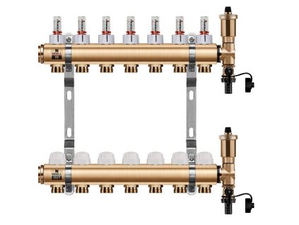 Podlahový rozdělovač WIGELL, 7 okruhů, mosazný + automatické odvzdušňování