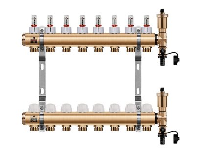 Podlahový rozdělovač WIGELL, 8 okruhů, mosazný + automatické odvzdušňování