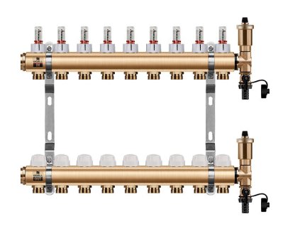Podlahový rozdělovač WIGELL, 9 okruhů, mosazný + automatické odvzdušňování